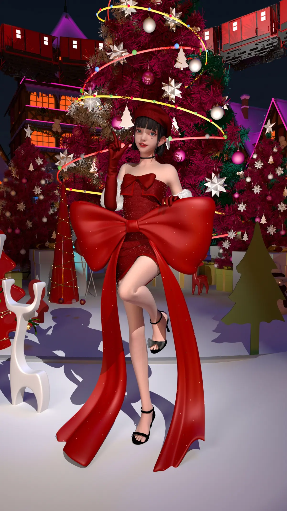 集原美 红色裙子 蝴蝶结 圣诞节4k手机壁纸2160×3840-公众号小姨ai