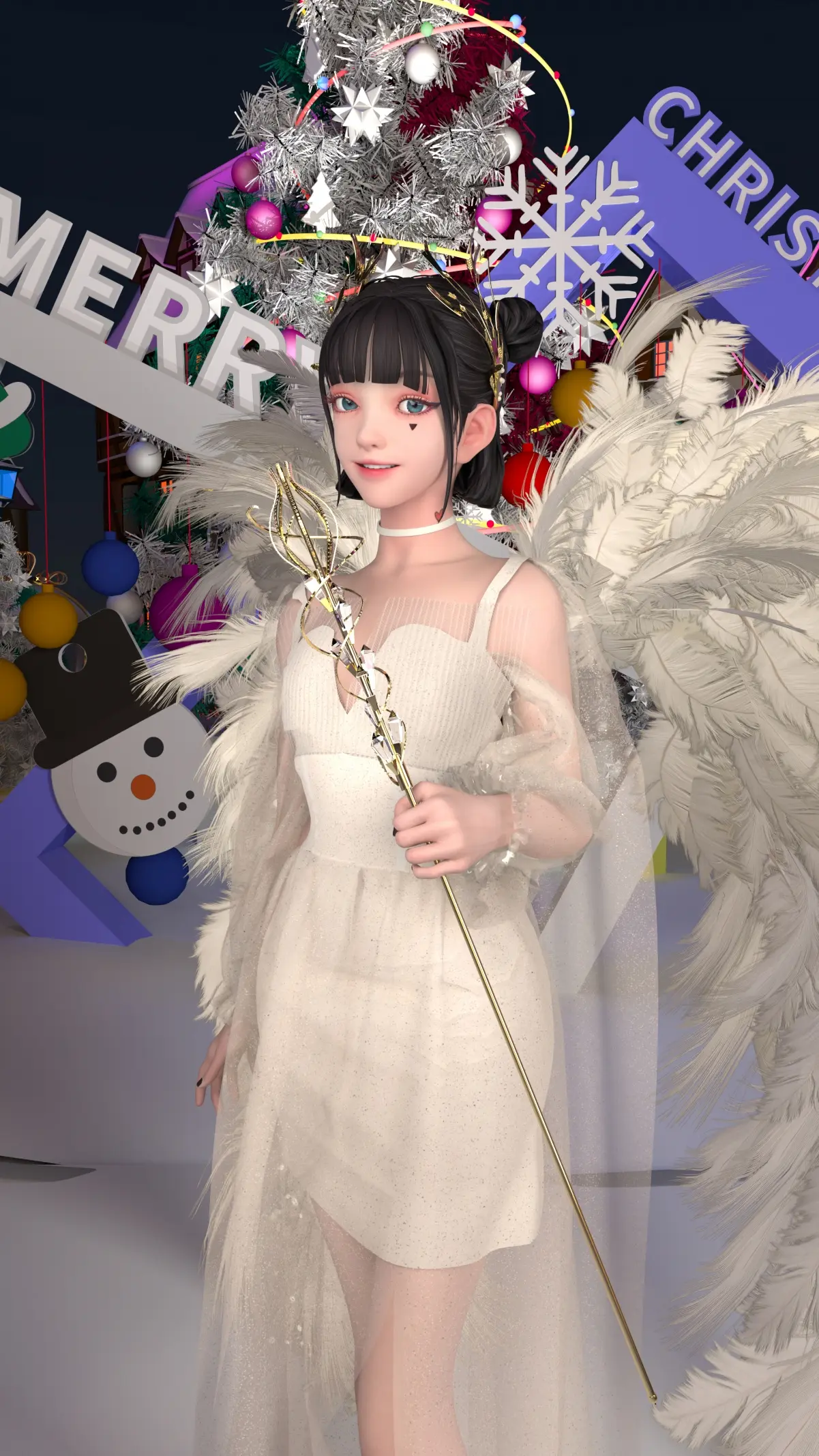集原美 白色裙子 魔法棒 圣诞节4k手机壁纸2160×3840-公众号小姨ai