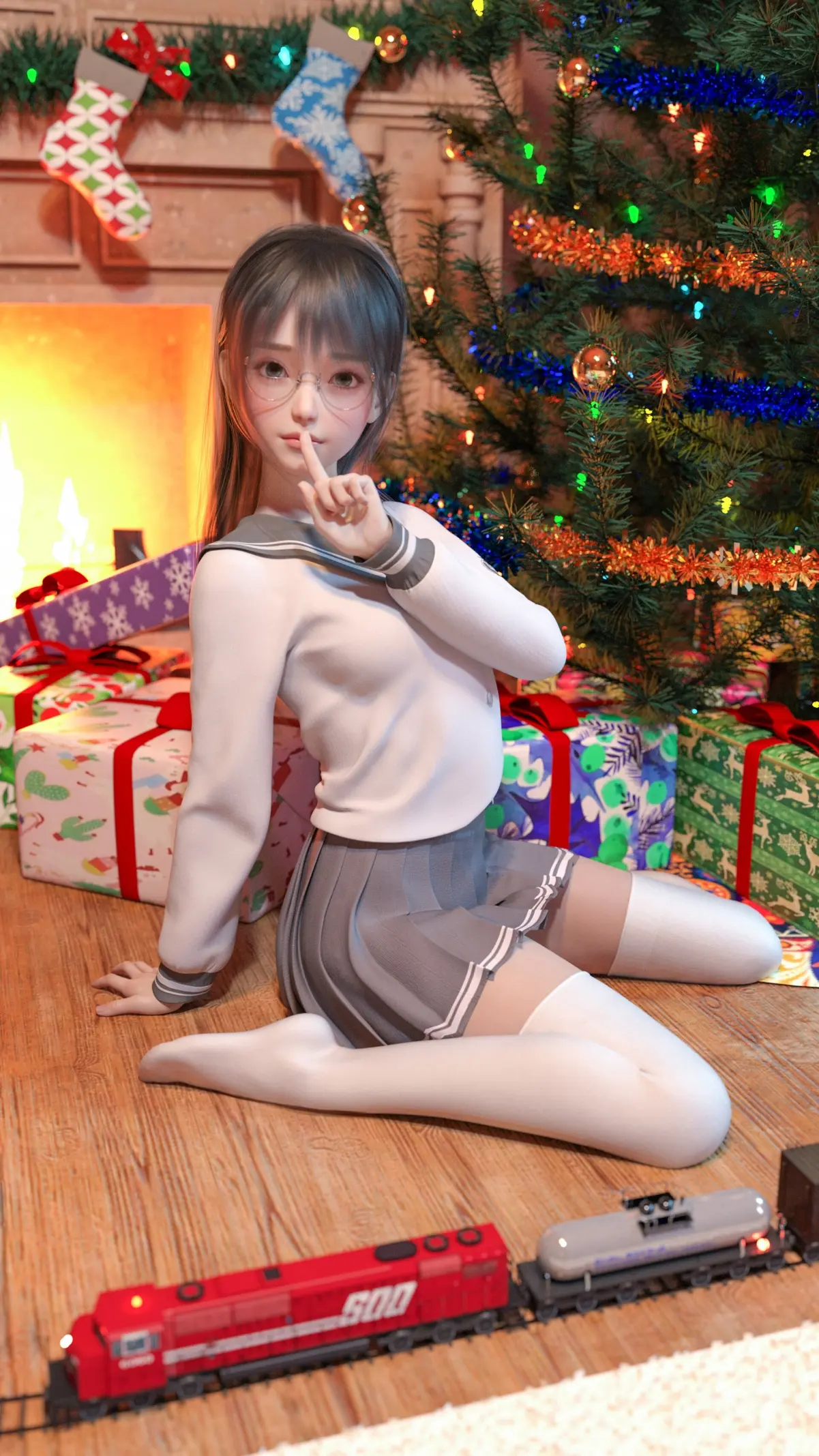 jk制服3d动漫美女 百褶裙 白色长筒袜 圣诞节 4k手机壁纸-公众号小姨ai