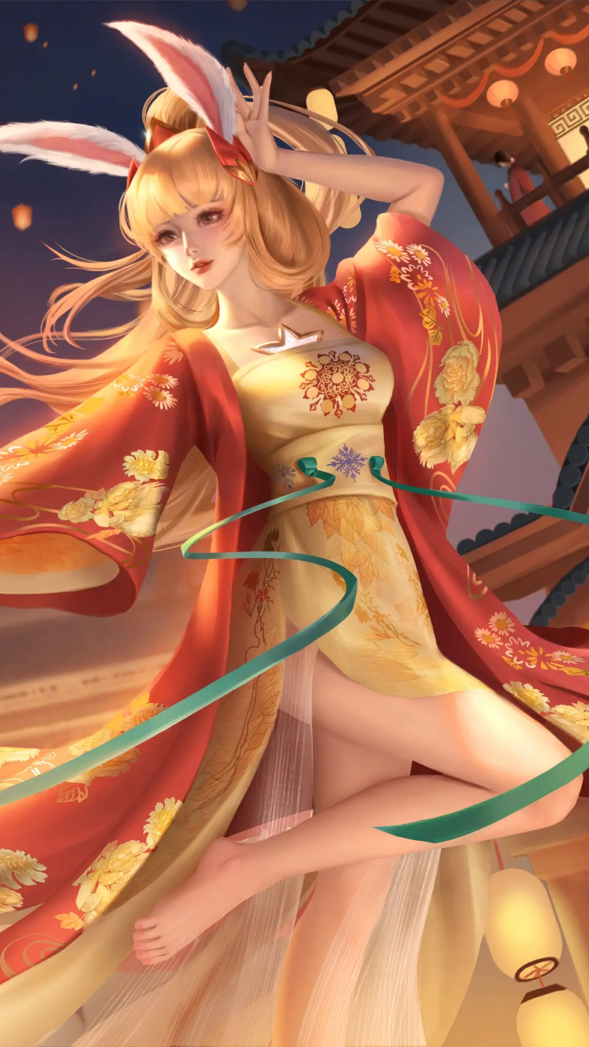 女孩 兔耳朵 红色衣服 伞 孔明灯 灯笼 古风建筑 4k手机壁纸-公众号小姨ai