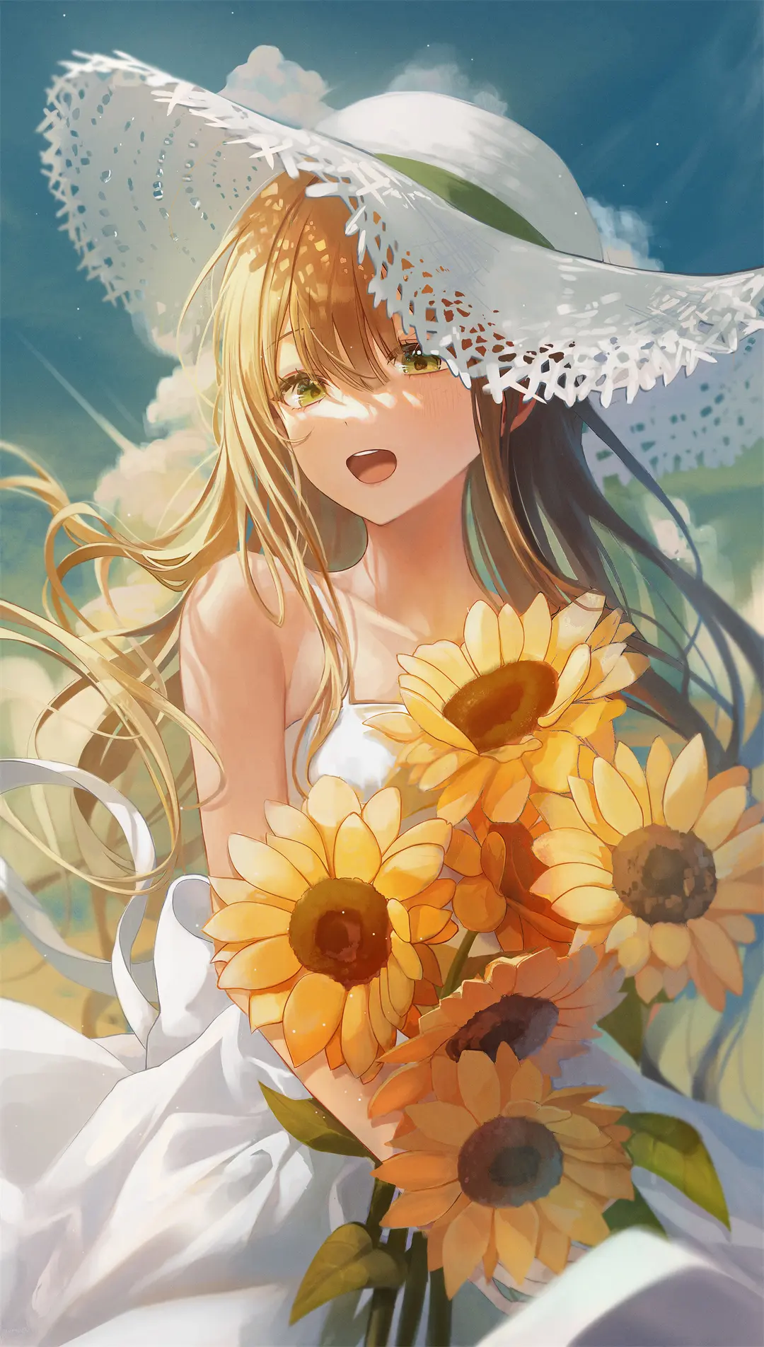 夏🌻 露肩 裙子 向日葵 草帽 连衣裙美少女 手机壁纸@ミョワ-公众号小姨ai